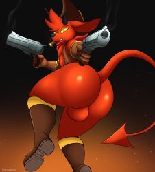 absurd_res anthro ass backsack balls big_butt cigar clothed clothing demon derickk76 femboy genitals gloves gremile_'hotshot' gun handwear hi_res leather leather_clothing leather_topwear leather_vest male partially_clothed ranged_weapon solo topwear vest weapon