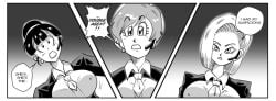 3girls android_18 big_breasts black_and_white breasts bulma_briefs bulma_briefs_(beginnings_of_dragon_ball_z) chichi comic dragon_ball dragon_ball_super dragon_ball_z ear_piercing earpiece funsexydragonball monochrome short_hair tie