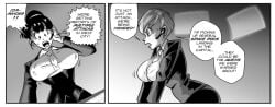 2girls big_breasts black_and_white breast_grab bulma_briefs bulma_briefs_(beginnings_of_dragon_ball_z) chichi comic dragon_ball dragon_ball_super dragon_ball_z ear_piercing funsexydragonball monochrome suit sweating tie