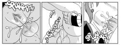 3girls black_and_white bulma_briefs bulma_briefs_(beginnings_of_dragon_ball_z) comic cum cum_in_mouth cum_in_pussy dragon_ball dragon_ball_super dragon_ball_z ear_piercing fellatio funsexydragonball monochrome sucking_nipples vaginal_penetration