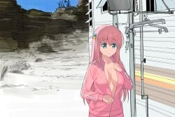 1girls absurd_res absurdres big_breasts blue_eyes bocchi_the_rock! breaking_bad_reference breasts busty cleavage female female_only gotou_hitori hoodie large_breasts long_hair outdoors pink_hair solo undressing unzipping voluptuous