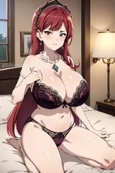 1girls ai_generated arm_support bed big_breasts bra breasts busty cleavage feet female female_only grey_eyes hilda_boreas_greyrat large_breasts looking_at_viewer mature mature_female mature_woman mushoku_tensei navel panties pink_lipstick red_hair sitting solo voluptuous