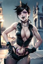 ai_generated black_hair bookoflustfan choker cleavage corruption ear_piercing female female_only gloves goth goth_girl hands_on_hips looking_at_viewer makeup overwatch pale_skin pubic_tattoo purple_makeup short_hair tattoo tongue_out tracer