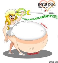 1girls after_vore big_belly blonde_hair blue_eyes breasts burping cleavage darkatio digestion_noises dress english_text female_only huge_belly keyblade kingdom_hearts kingdom_hearts_ii long_hair namine post_vore stomach_bulge tagme thick_thighs vore vore_belly wide_hips