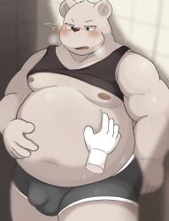 2023 ai_only_dream anthro balls_outline bear belly big_belly blush bulge clothed clothing genital_outline hi_res kemono male mammal moobs navel nipples overweight overweight_male penis_outline polar_bear raised_clothing raised_shirt raised_topwear shirt solo_focus topwear underwear ursine