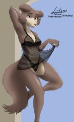 anthro beastars bedroom_eyes bra breasts brown_body brown_fur canid canine canis claws clothing female fur juno_(beastars) link6432 mammal multicolored_body multicolored_fur narrowed_eyes navel panties purple_eyes seductive smile solo tail tan_body tan_fur underwear wolf