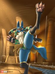 2022 3_toes anthro areola black_body black_fur black_hair blue_body blue_fur breasts canid canine egyptian feet female female_lucario generation_4_pokemon kicking link6432 looking_at_viewer lucario mammal multicolored_body multicolored_fur nintendo nipples pawpads paws pokemon pokemon_(species) red_eyes solo spikes tail tan_body tan_fur toes