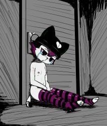 anthro asphyxiation bodily_fluids breasts clothing death domestic_cat door doorknob e254e emo felid feline felis female female_death footwear footwear_only hi_res mammal mostly_nude navel shaded small_breasts snot socks socks_only solo suicide tears veronica_(e254e) wounded young