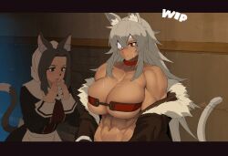 2girls big_breasts blush breasts brown_eyes bursting_breasts busty cat_ears catgirl cleavage dark-skinned_female dark_skin female female_only ghislaine_dedoldia grey_hair highres large_breasts long_hair maid midriff mikoyan multiple_girls mushoku_tensei navel toned very_long_hair voluptuous