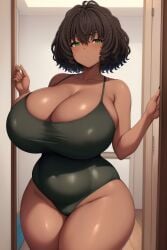 1girls ai_generated big_breasts brown_hair brunette_hair curvy_body curvy_female cute dark-skinned_female female_only front_view green_eyes huge_breasts large_breasts looking_at_viewer massive_breasts milf mommy mother nai_diffusion original original_character shiny_skin solo_female stable_diffusion standing_in_doorway thick_breasts thick_hips thick_thighs wide_hips wide_thighs