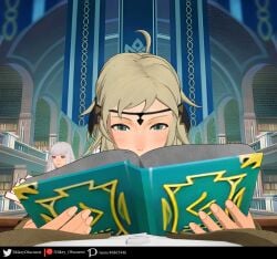 1boy 2girls 3d ahoge bangs blonde_hair book bookshelf fellatio female female_focus fire_emblem fire_emblem:_three_houses fire_emblem_fates garreg_mach_monastery_uniform green_eyes grey_hair library long_hair looking_at_viewer lysithea_von_ordelia male_pov mikey_obscurest multiple_girls multitasking nintendo ophelia_(fire_emblem) oral pink_eyes pov public public_sex reading solo_focus stealth_sex unaware