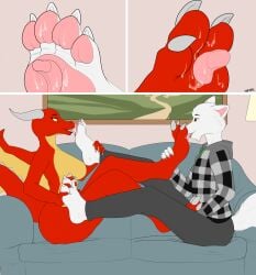 anthro barefoot between_toes digital_media_(artwork) digitigrade duo eye_contact feet female female_licking_male female_licking_male_feet foot_fetish foot_lick foot_play furniture hi_res licking looking_at_another male male/female male_feet male_foot_fetish mutual_foot_worship noctibus pawpads paws plantigrade sofa soles toes tongue tongue_on_foot tongue_out