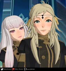 2girls 3d ahoge bangs blonde_hair breasts female female_only fire_emblem fire_emblem:_three_houses fire_emblem_fates garreg_mach_monastery_uniform green_eyes grey_hair indoors library long_hair looking_at_viewer lysithea_von_ordelia medium_breasts mikey_obscurest multiple_girls nintendo ophelia_(fire_emblem) pink_eyes small_breasts smile