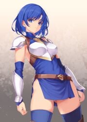 1girls armor armpits ass ass_visible_through_thighs bare_thighs blue_eyes blue_hair boots breasts brown_footwear catria_(fire_emblem) covered_navel detached_sleeves female female_only fire_emblem fire_emblem:_mystery_of_the_emblem fire_emblem:_shadow_dragon_and_the_blade_of_light fully_clothed gradient_background headband kirishima_satoshi knight looking_at_viewer medium_breasts nintendo panties pantyshot pantyshot_(standing) partially_visible_vulva pegasus_knight_uniform_(fire_emblem) revealing_clothes short_hair side_slit simple_background sleeveless smile solo stockings thigh_boots thighhighs thighhighs_under_boots thighs underwear upskirt white_background white_headband white_panties