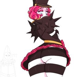 1:1 background_character big_ass big_butt blue_eyes bubble_butt cyan_eyes dark_deception dark_deception:_chapter_5 dark_star_(dark_deception) dress hat hdnlainez holiday_horror looking_at_viewer looking_back looking_back_at_viewer multicolored_hair pink_makeup pixelated prision_panic puppet_king question_mark simple_background spikes star star_eyes star_shaped_pupils striped_legwear top_hat white_background