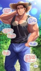 2boys backstory dialogue english_text inviting izukonohito male muscular muscular_male pecs penis_bulge solo solo_male text uncle