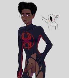 fex_(art) gay male marvel marvel_comics miles_morales miles_morales_(spider-verse) spandex spandex_suit spider-man spider-man:_across_the_spider-verse spotflower teenager the_spot torn_clothes torn_clothing unmasked