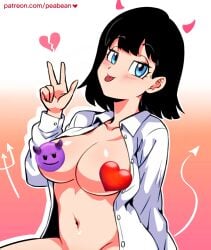 belly_button black_hair blue_eyes blush breasts breasts_out censored devil_horns devil_tail dragon_ball dragon_ball_super female_only looking_at_viewer medium_breasts navel peabean peace_sign solo_female tagme thick_thighs thighs tongue tongue_out v videl videl_(dragon_ball_super)