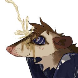 american_opossum anthro bodily_fluids clothing genital_fluids guncht male mammal marsupial peeing peeing_on_another peeing_on_face rubber rubber_clothing rubber_suit smile solo telegram_sticker urination urine urine_on_face urine_stream watersports