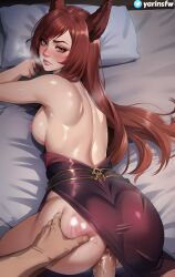 1boy 1girls ai_generated animal_ears ass_grab blush breasts cum cum_inside from_behind from_behind_position league_of_legends league_of_legends:_wild_rift looking_at_viewer looking_back lying lying_on_bed on_bed penis pov red_hair sex shiny_skin sideboob slap slap_mark sweat vastaya xayah yarinsfw