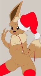 1girls 2021 4_fingers absurdres animal_ears anthro black_eyes blonde_hair body_fur breasts brown_fur christmas cleft_of_venus clenched_hand commentary cowboy_shot eevee english_commentary female female_only fir3born flat_color fox_ears fox_girl fox_tail furry furry_female grey_background groin hands_up happy hat highres holding holding_leash humanoid leash navel nipples nude oerba_yun_fang open_mouth personification pokémon_(species) pokemon pokemon_(species) pom_pom_(clothes) pussy red_headwear red_thighhighs santa_hat short_hair simple_background skin_fang skindentation small_breasts smile solo solo_female spread_legs standing stomach tail thighhighs thighs two-tone_fur uncensored v yellow_fur