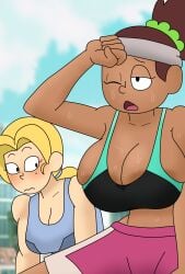 2girls aged_up alternate_breast_size amphibia amphibia_(finale) amphibia_(series) anne_boonchuy areolae areolae_peeking athletic athletic_female bare_midriff beauty_mark big_breasts blonde_hair blush breast_awe breast_size_difference breasts breasts_bigger_than_head brown_hair busty cleavage cleavage_overflow clothed comparing comparing_breasts comparison dark_skin duo facial_scar female female_focus female_only huge_breasts implied_yuri large_breasts looking_at_another looking_at_breasts looking_at_partner medium_breasts multiple_girls open_mouth overflowing_breasts ponytail rustybv3 sasha_waybright scar skindentation sports_bra sportswear sweat sweatdrop sweating sweaty_breasts tank_top top_heavy topwear yuri