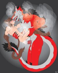 brown_body brown_hair demon furry furry_tail monster oc red_body red_eyes riding_penis tongue tongue_down_throat tongue_in_mouth yaoi