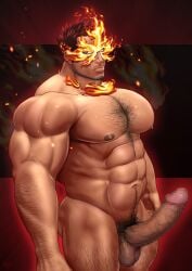 1boy 2022 balls bara barazoku beard big_balls big_penis bulge censored clothing completely_nude endeavor_(my_hero_academia) enji_todoroki erection facial_hair gay hairy hairy_chest hard_on hi_res highres kumagorow looking_at_viewer male male_focus male_nipples male_only male_pubic_hair manly muscular_male my_hero_academia nipples nude penis penis_outline quirk_usage red_hair scar solo solo_male tight_clothing yaoi