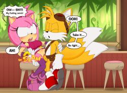 amy_rose amy_rose_(boom) belt cheating_girlfriend english_text excito exposed_torso female footwear genitals handwear hi_res male male/female netorare ntr penis pussy sega sonic_(series) sonic_boom sonic_the_hedgehog_(series) stomach_bulge tails vaginal vaginal_penetration