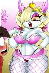 bimbo bimbopoo blonde blonde_hair disney_xd fishnet fishnet_stockings hair_over_one_eye hekapoo lipstick makeup marco_diaz nosebleed seducing sexual_gesture star_vs_the_forces_of_evil zaicomaster14