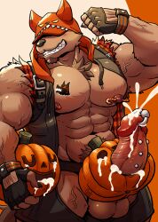 abs anthro balls biceps big_penis bodily_fluids boss_(gym_pals) canid canine canis clothing cum ejaculation erection food fruit genital_fluids genital_piercing genitals h155296 halloween hi_res holidays hoodie huge_cock humanoid_genitalia humanoid_penis jack-o'-lantern male mammal muscular muscular_anthro muscular_male nipple_piercing nipples pecs penis penis_piercing piercing plant pumpkin solo solo_male topwear vein wolf