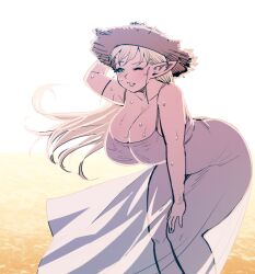 1girls 2023 ass big_ass big_breasts blonde_hair breasts cleavage curvaceous curvy dress elf elf-san_wa_yaserarenai elf_ears elf_female elfuda female female_focus humanoid one_eye_closed pale-skinned_female pale_skin plump pointy_ears sun_hat sweat sweatdrop synecdoche thick_thighs thighs voluptuous wide_hips