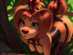 ai_generated anthro barboskiny bdsm_suit bent_over breasts brown_hair canid canine canis domestic_dog female footwear fur furry green_eyes les_pooche liza_(the_pooches) long_hair looking_u looking_up_at_partner mammal melnitsa nipples nude orange_hair solo tan_body tan_fur the_pooches