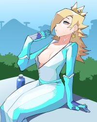 1girls biker_girl biker_gloves blonde_hair blue_eyes breasts cleavage clothing crown diforland exposed_breasts eyelashes fanning_self female foilage jumpsuit legs_together long_hair mario_(series) mario_kart medium_breasts nipples princess_rosalina sitting small_waist sweating thick_thighs unzipped_bodysuit water_bottle wide_hips