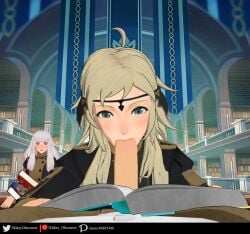 1boy 2girls 3d ahoge bangs blonde_hair blush book bookshelf caught embarrassed fellatio female female_focus fire_emblem fire_emblem:_three_houses fire_emblem_fates garreg_mach_monastery_uniform green_eyes grey_hair library long_hair looking_at_viewer lysithea_von_ordelia male_pov mikey_obscurest multiple_girls nintendo ophelia_(fire_emblem) oral pink_eyes pov public public_sex solo_focus stealth_sex