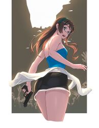 1girls alternate_costume ass back bare_arms bare_shoulders black_hair blue_eyes blush breasts brown_hair clothes_around_waist cosplay cropped_legs female from_behind glasses gun hairband handgun highres holding jill_valentine jill_valentine_(cosplay) kantai_collection long_hair looking_at_viewer looking_back miniskirt ooyodo_(kantai_collection) open_mouth resident_evil resident_evil_3 semi-rimless_eyewear simple_background skirt small_breasts standing sweatdrop thighs tubetop under-rim_eyewear weapon yuuji_(and) zombie