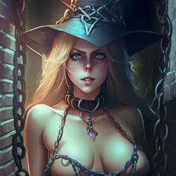 alone bewitched blonde_hair blue_eyes chained choker confined confinement dungeon enslaved light-skinned_female long_hair medium_breasts necklace shackled shackles straight_hair tagme trapped white_skinned_female witch witch_hat witch_hat_only