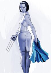 1girls ass_focus assassin blue_jacket claw_(weapon) dark_hair female female_only from_behind fully_clothed glooh hairband looking_at_viewer looking_over_shoulder mature_female no_bra open_back pencil_skirt restricted_palette short_hair solo stockings weapon_in_hand