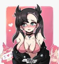 big_breasts black_hair blush blush_lines bra collar earrings embarrassed female female_focus goldenfoggy green_eyes heart_eyes light-skinned_female light_skin marnie_(pokemon) pokemon sweat undressing