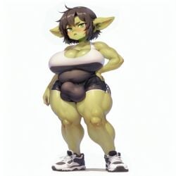 1futa ai_generated bulge cleavage futa_only futanari goblin goblinenthusiast green_skin looking_at_viewer penis_bulge pointy_ears self_upload short_hair shorts shortstack sneakers solo solo_futa tagme tank_top thick_thighs