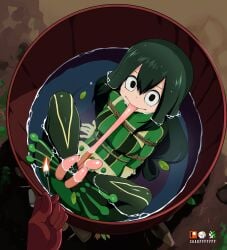 arms_tied_behind_back black_eyes bondage bound_ankles female gagged green_hair hero_outfit_(mha) improvised_gag in_barrel looking_at_viewer match my_hero_academia partially_submerged predicament_bondage quirk_usage sharpffffff tongue_tied tsuyu_asui unseen_character