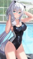 blush cowboy_shot gradient_eyes hololive hololive_gamers hololive_gen_1 hololive_japan large_breasts looking_to_the_side navel nibosinokona one-piece_swimsuit shirakami_fubuki swimming_pool swimsuit towel virtual_youtuber wet wet_skin wiping_sweat