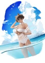 1girls bikini blue_sky breasts brown_hair choker cleavage cloud dark-skinned_female dark_skin female female_focus female_only hair_between_eyes hair_ears highres large_breasts micchan_(ohisashiburi) nail_polish o-ring_bikini ohisashiburi original original_character outdoors red_eyes short_hair summer swimsuit tomboy wading water wet_clothes wet_skin white_bikini white_jacket white_nails