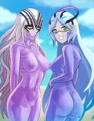 2girls ass back bare_arms bare_back bare_midriff bare_shoulders bare_thighs beach big_ass blue_hair breasts ciderwrath collarbone completely_nude female female_only fire_emblem fire_emblem_heroes ganglot_(fire_emblem) green_eyes grey_hair hel_(fire_emblem) light_blue_hair long_hair looking_at_viewer looking_back medium_breasts midriff multiple_girls nintendo nipples nude nude_female ocean outdoors pussy shoulders skeleton thighs transparent_body very_long_hair yellow_eyes