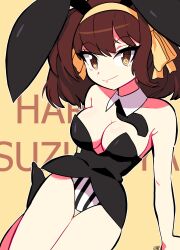 1girls big_breasts brown_hair bunny_ears bunnysuit female female_only goldenfoggy hairband light-skinned_female light_skin panties smile striped_panties suzumiya_haruhi suzumiya_haruhi_no_yuuutsu yellow_eyes