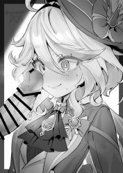 1boy ahoge ascot bar_censor blush censored closed_mouth erection female furina_(genshin_impact) genshin_impact greyscale hair_between_eyes hat highres long_hair looking_at_penis mismatched_pupils monochrome penis penis_awe precum revision smile solo_focus straight sukoyaka93 sweat