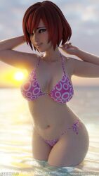 arms_up bikini blue_eyes hands in_water kairi kingdom_hearts masterdansdojo red_hair short_hair smile sunset water