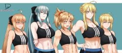 5girls abs ahoge angry artoria_pendragon artoria_pendragon_(caster) artoria_pendragon_(lancer) blonde_hair blue_eyes blue_hair breast_envy breast_size_difference breasts clenched_teeth dinho_(romulproduce) fate/grand_order fate_(series) female_only glaring green_eyes hair_ribbon huge_breasts light-skinned_female light_skin long_hair medium_support_(meme) meme midriff milf mordred_(fate) morgan_le_fay_(fate) mother_and_daughter muscular navel ponytail pubic_tattoo short_hair small_breasts smile smug sports_bra tattoo twintails