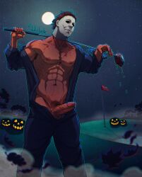 abs balls biceps blood brown_pubic_hair erect_penis erection gay golf_club hairy_armpits half-dressed half_naked halloween jack-o'-lantern julio_leote jumpsuit male male/male male_only mask michael_myers muscle muscles muscular muscular_arms muscular_back muscular_legs muscular_male muscular_thighs naked naked_male night nipples nude nude_male pecs pectorals penis pubic_hair veiny_penis