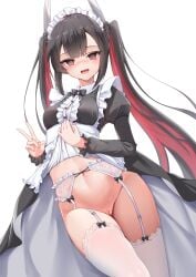 1girls @_@ alternate_version_available azur_lane black_hair blush cleft_of_venus female female_only garter_straps hair_between_eyes hatsuzuki_(azur_lane) light-skinned_female light_skin maid maid_headdress maid_uniform navel peace_sign pussy qian_hen red_eyes sakura_empire_(azur_lane) solo tagme twintails white_legwear